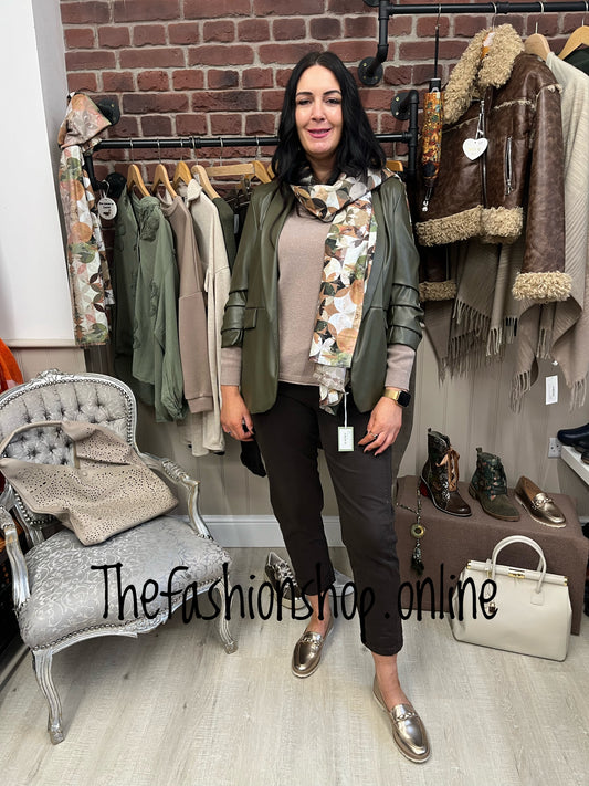 Khaki faux leather ruched sleeve jacket sizes 10-18