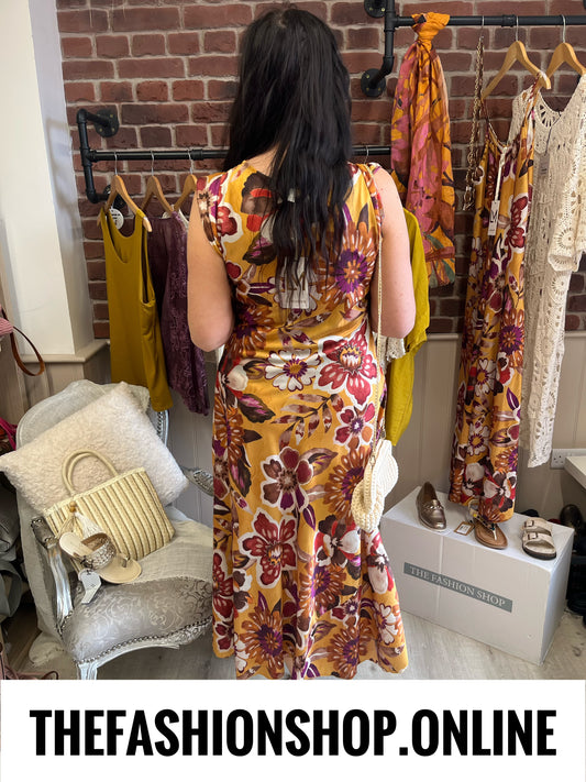 Macie bold flowers draped neck dress 10-14