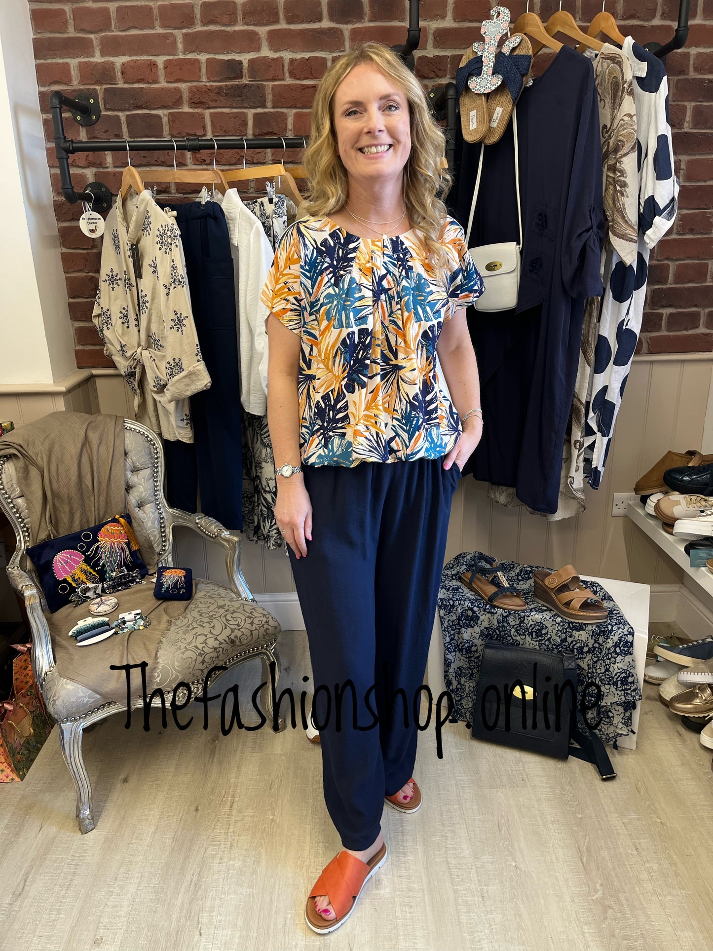 Sarah Tempest navy palm leaf top 10-16
