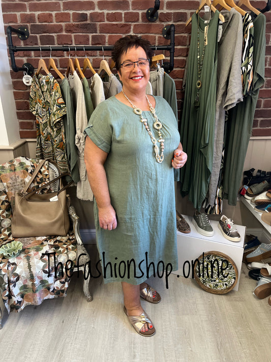 Louisa khaki linen dress 14-20