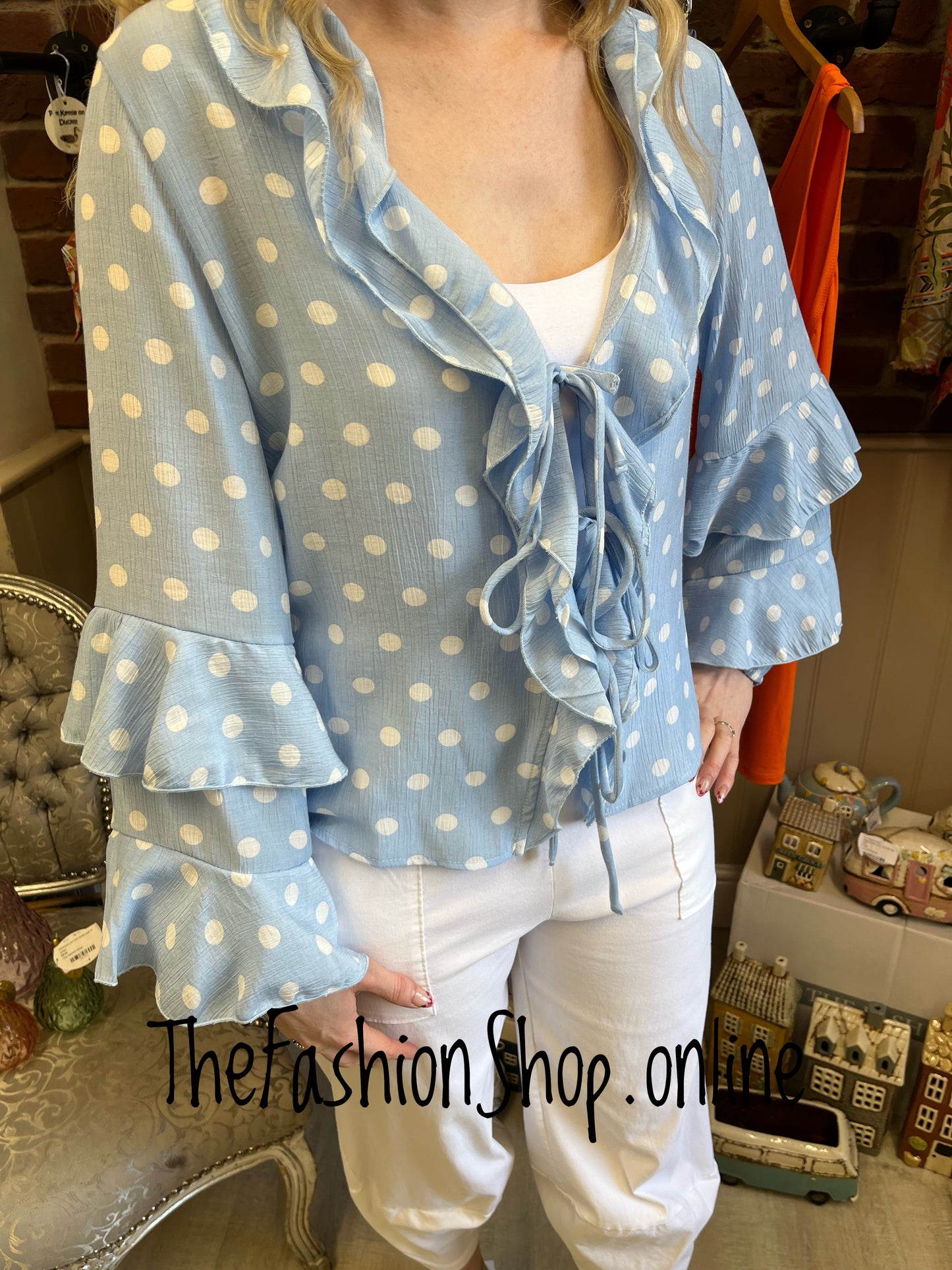 Melissa blue polka dot tie front blouse sizes 12, 14 and 16