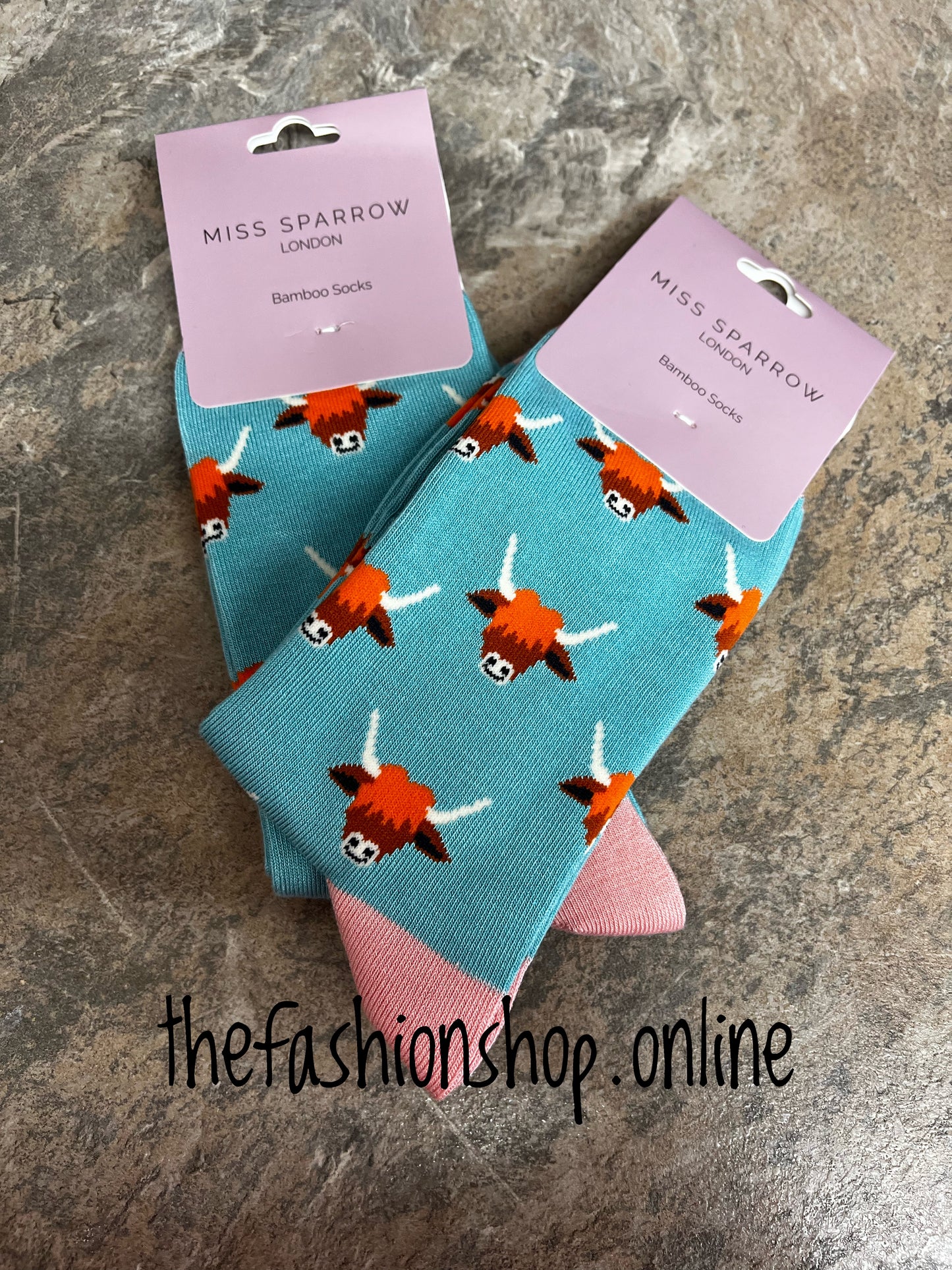 Miss Sparrow Duck Egg Blue Highland Cows Bamboo socks 3-7