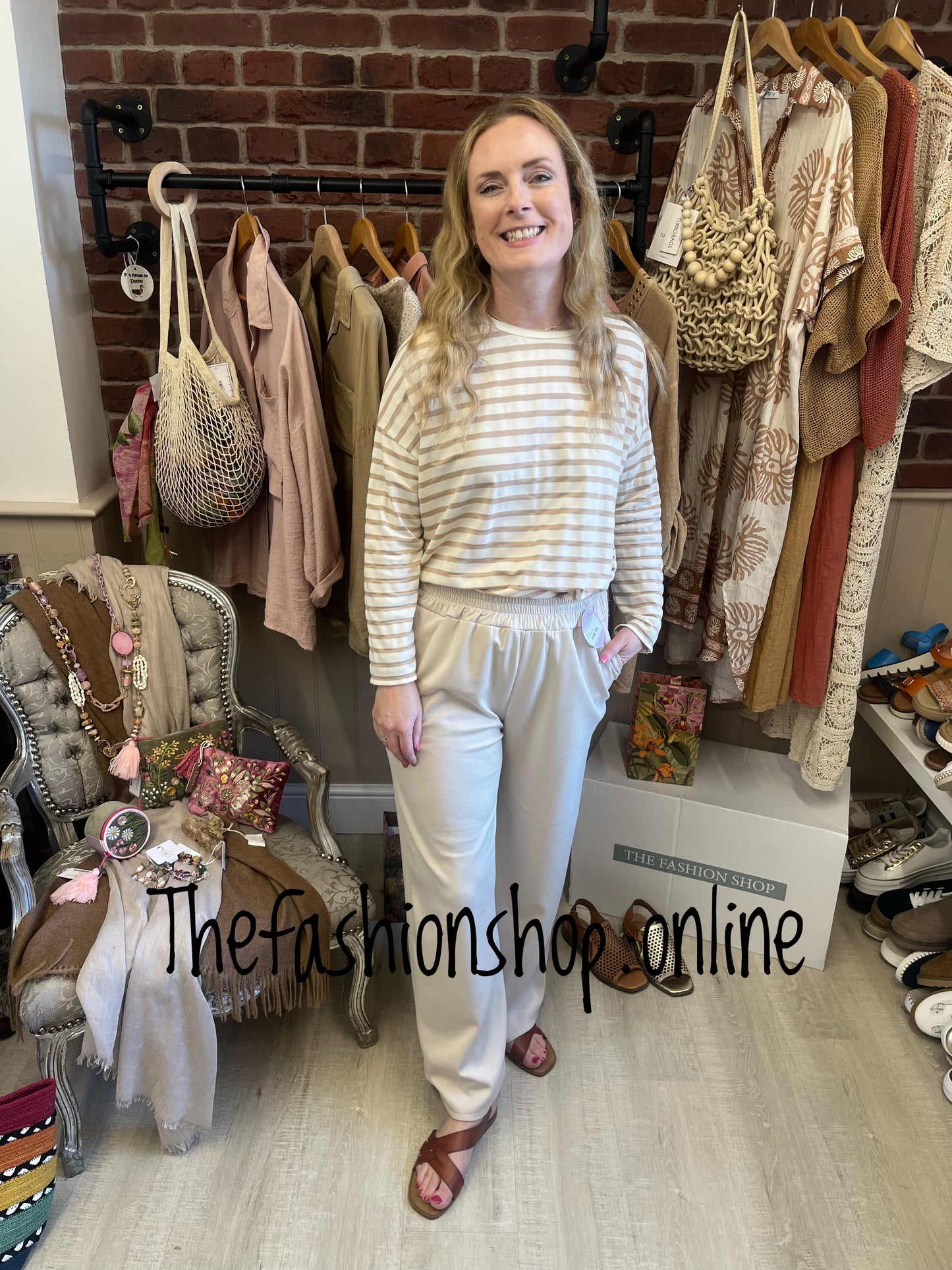Yvette camel and beige striped top 10-16