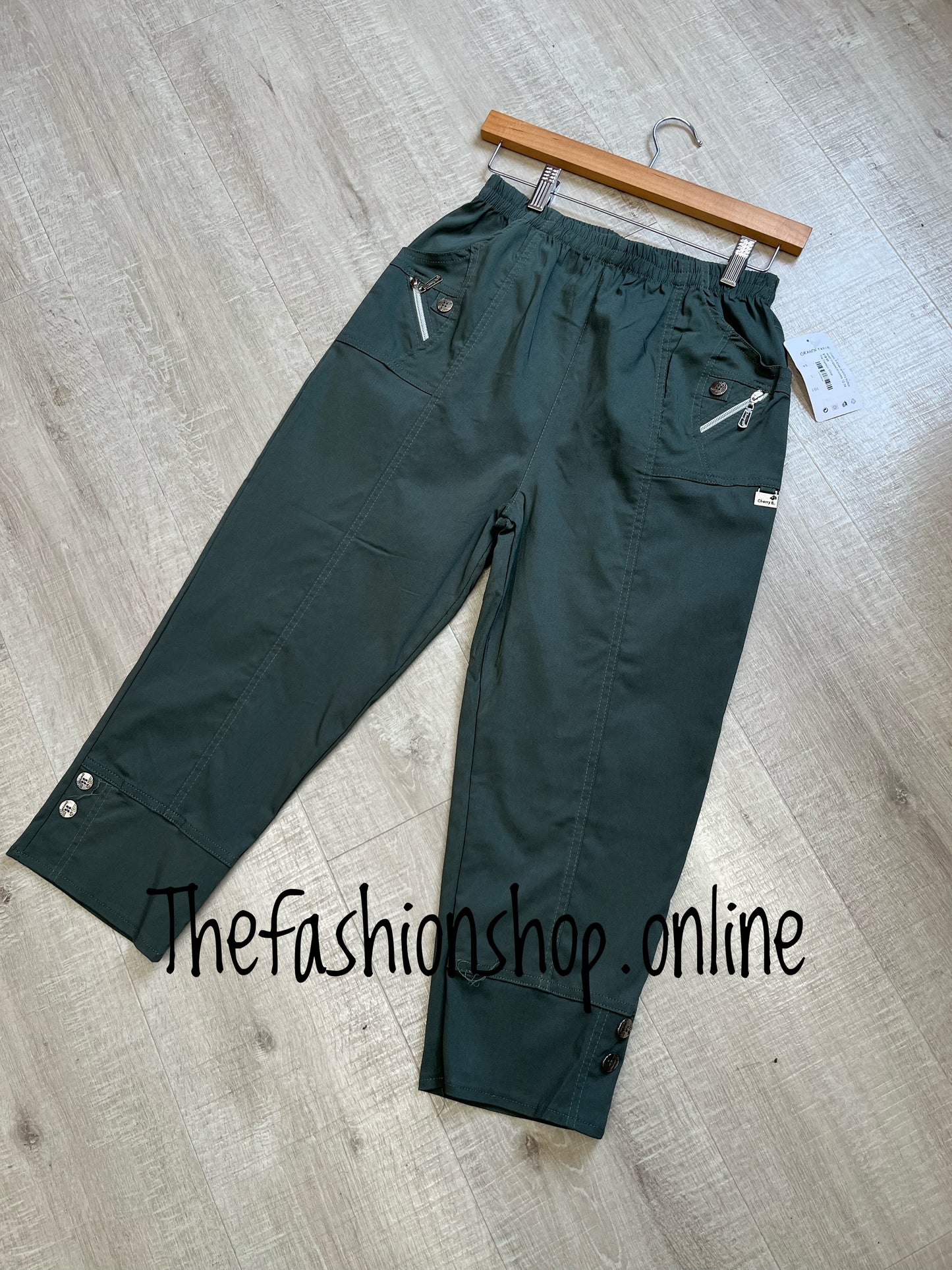Cherry Berry khaki stretchy button detail cropped trousers sizes 10-26