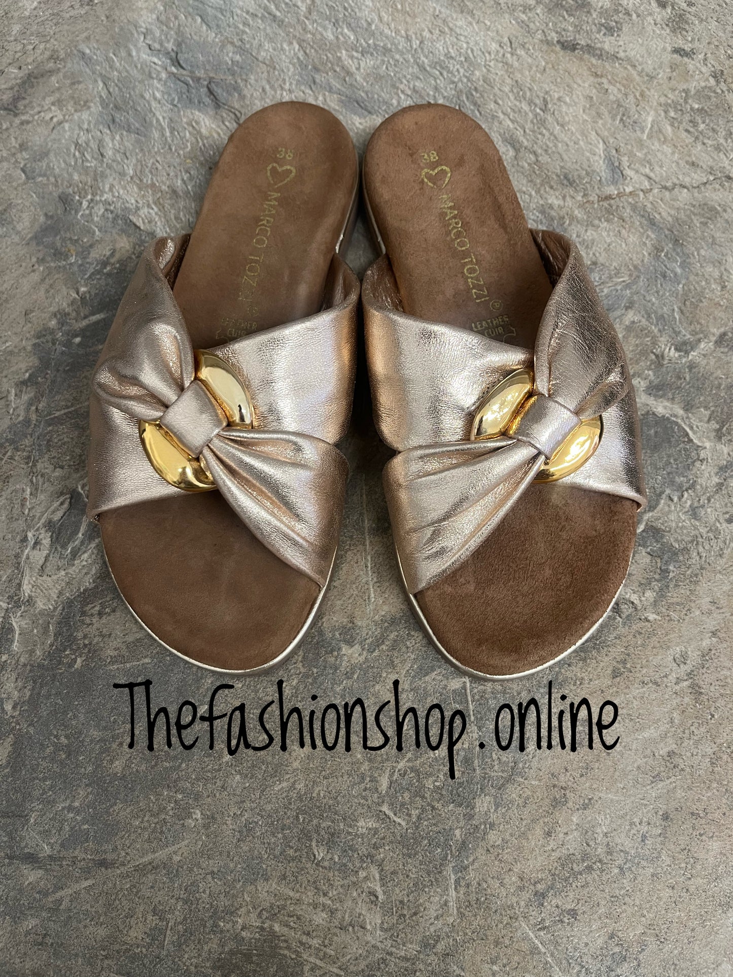 Marco Tozzi gold leather criss cross mules sizes 4-8 (37-42)