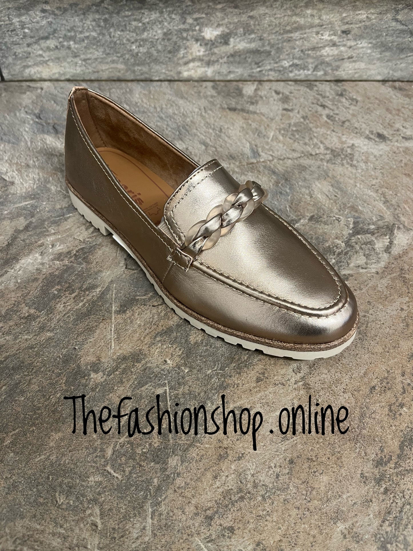 Tamaris gold leather loafer with chain detail sizes 4-9
