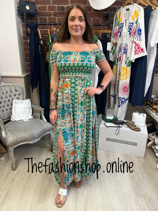 Stella Morgan green printed bardot dress sizes 8,10,12,14,16