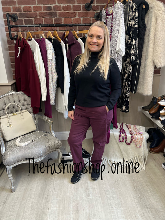 Heidi wine faux moleskin trousers sizes 10,12,14,16,18 and 20