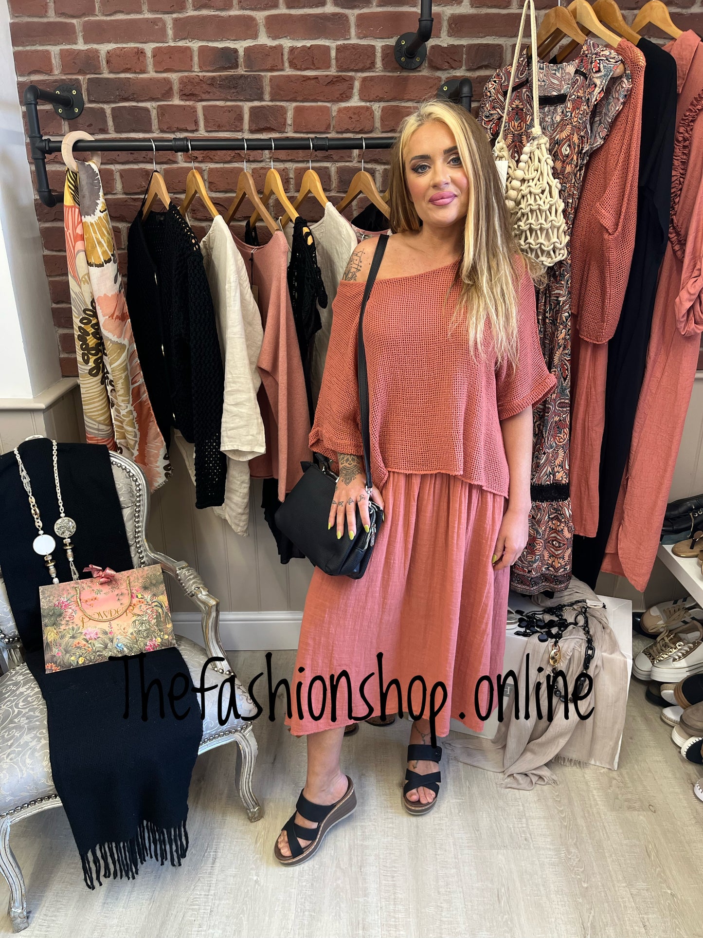 Leah brick dress with mesh overlay 8-18