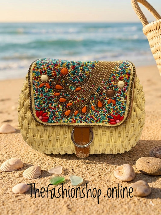 The Moroccan Beige Beaded Straw crossbody Bag