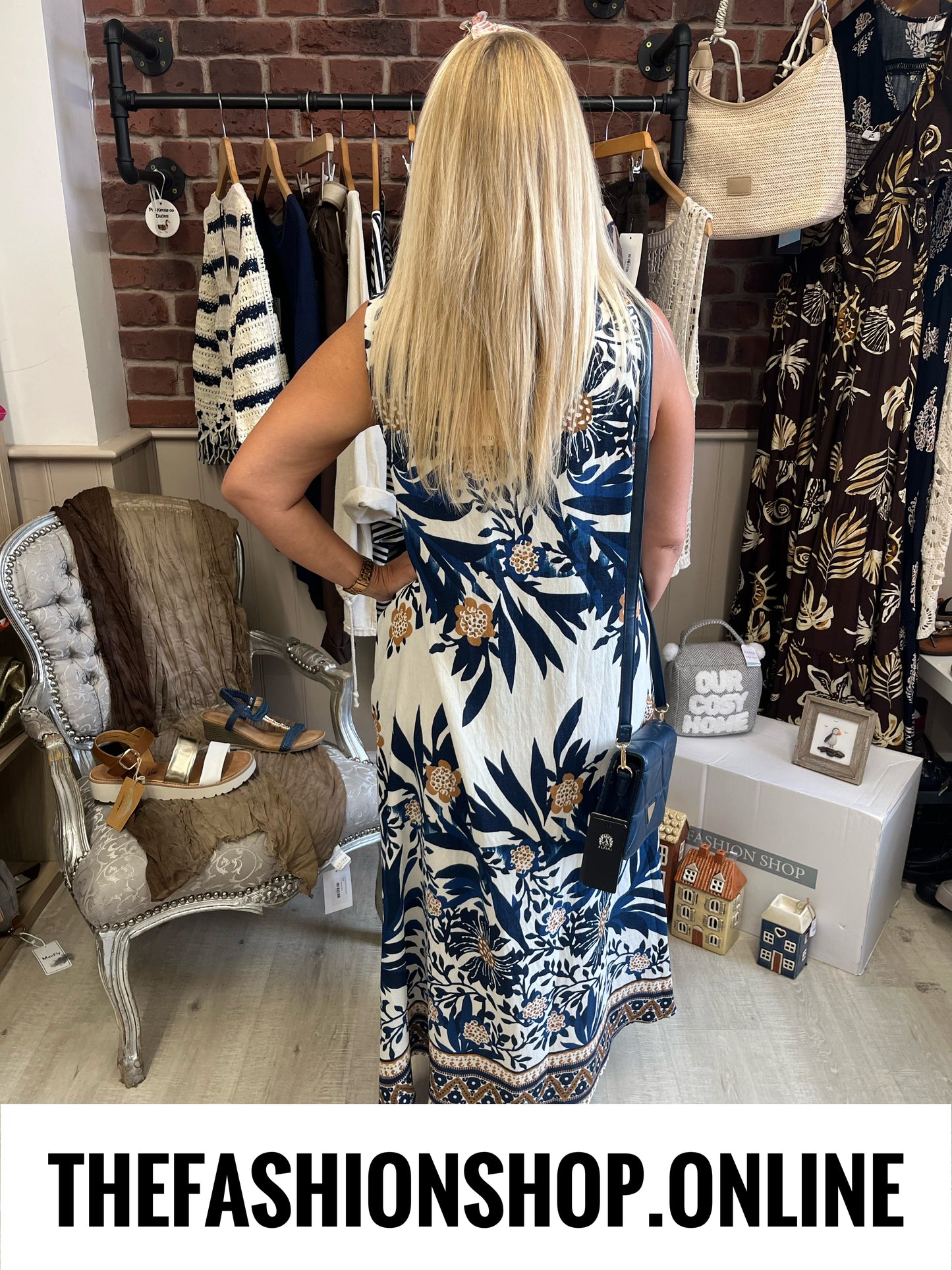 Jillian navy and cream printed dress 10-16