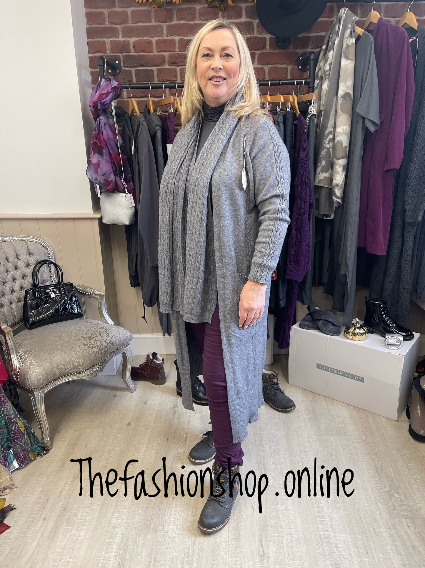 Charcoal long cardigan with scarf 10-18
