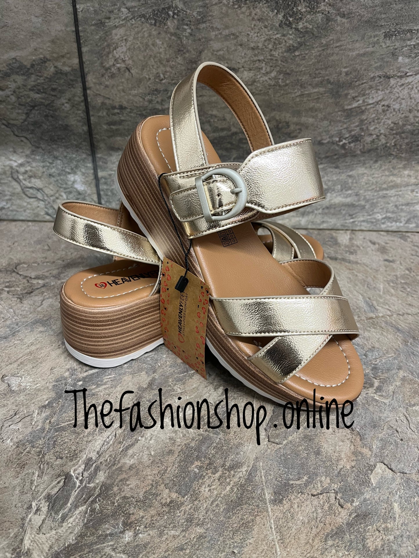 Heavenly Feet gold Destiny wedge sandal sizes 4-6.5 (37-40)