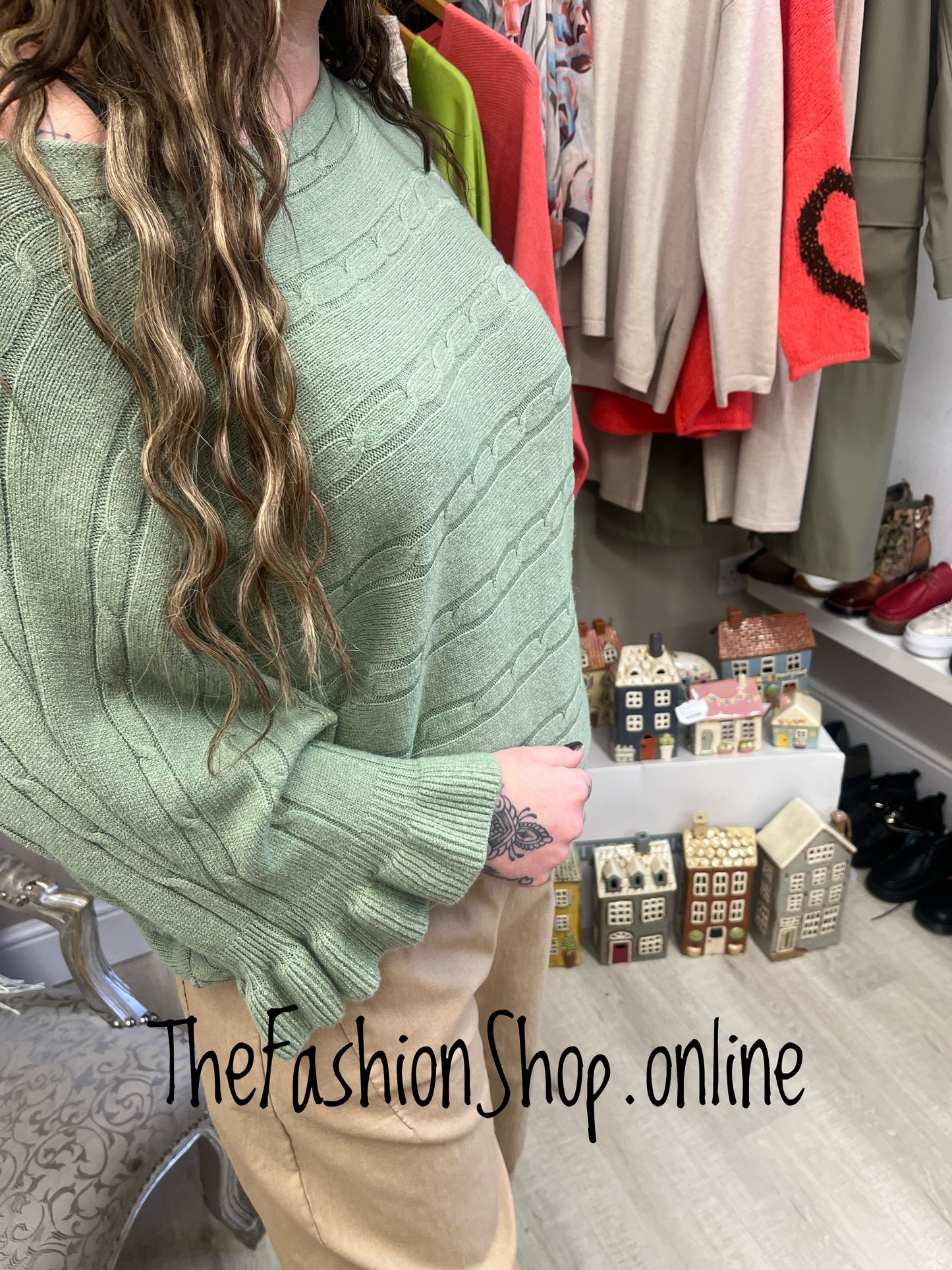 Eleanor sage green frill sleeve jumper 10-16