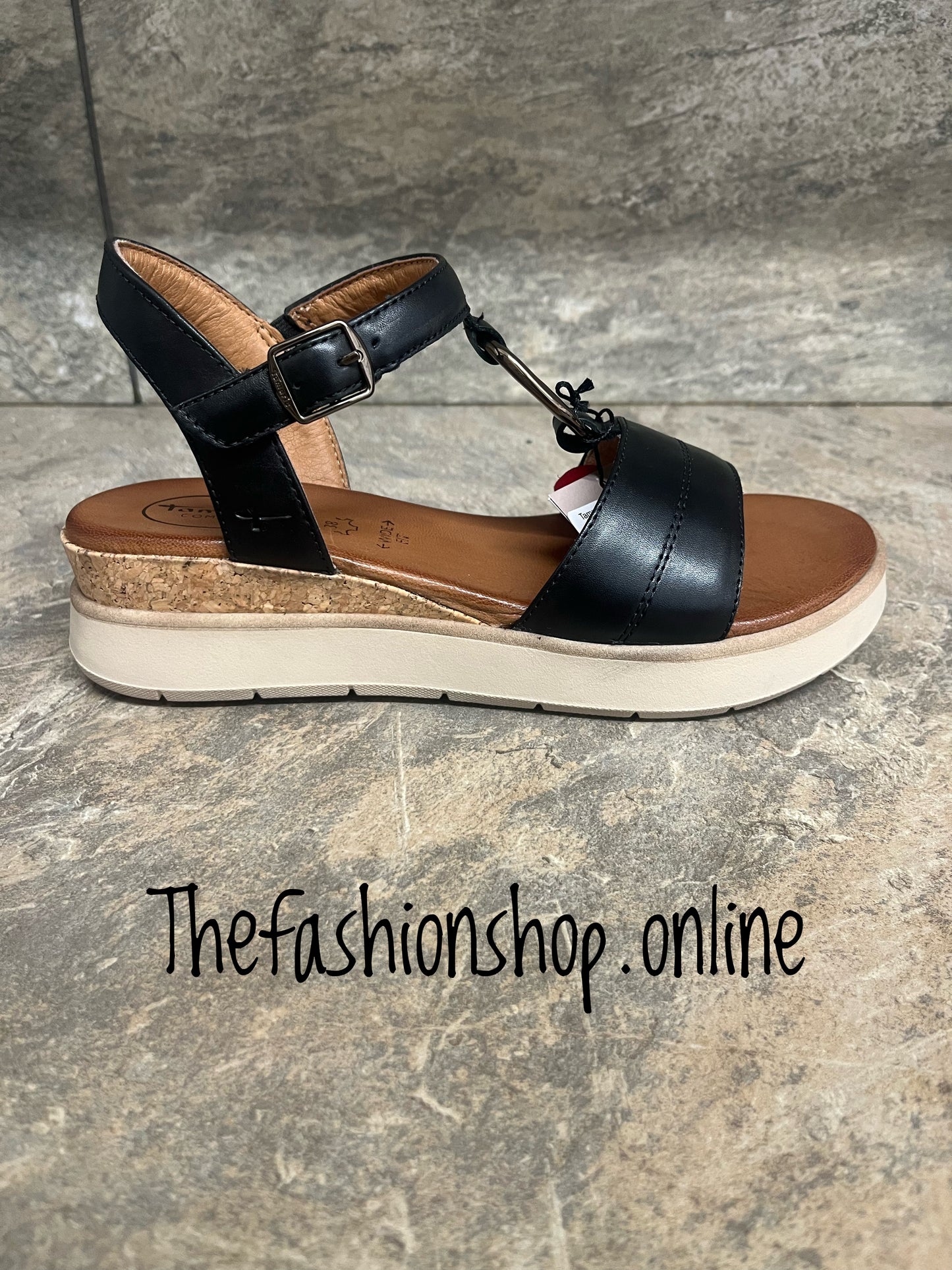 Tamaris black wide fit leather wedge sandals sizes 4-8 (37-42)