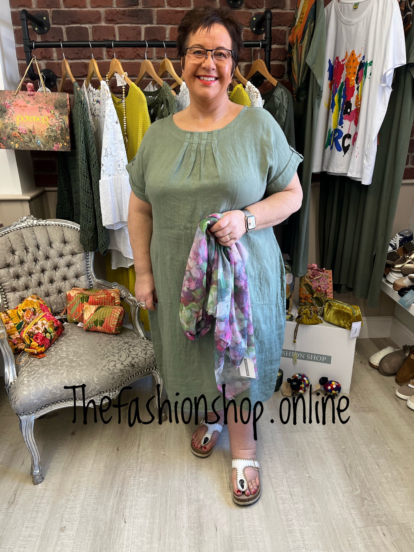 Louisa khaki linen dress 14-20