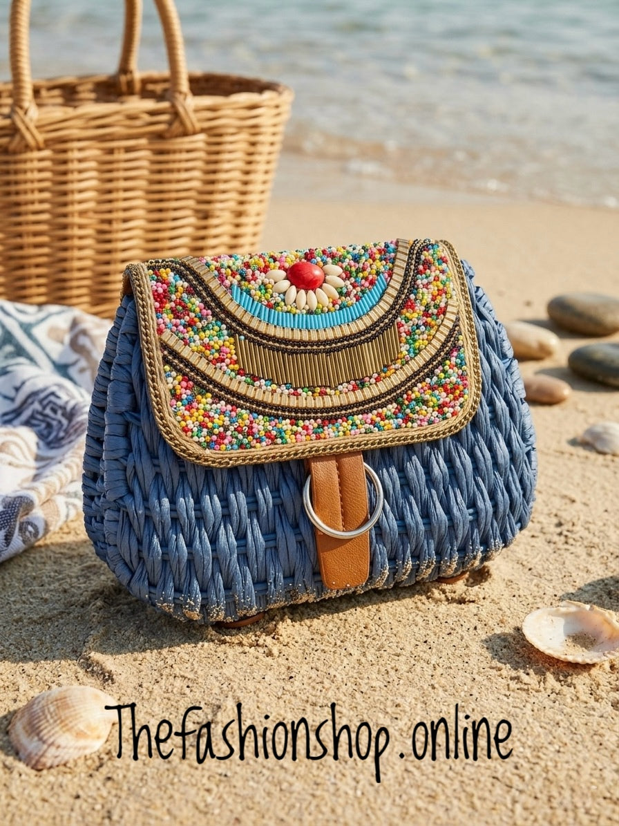 The Moroccan Blue Beaded Straw crossbody Bag