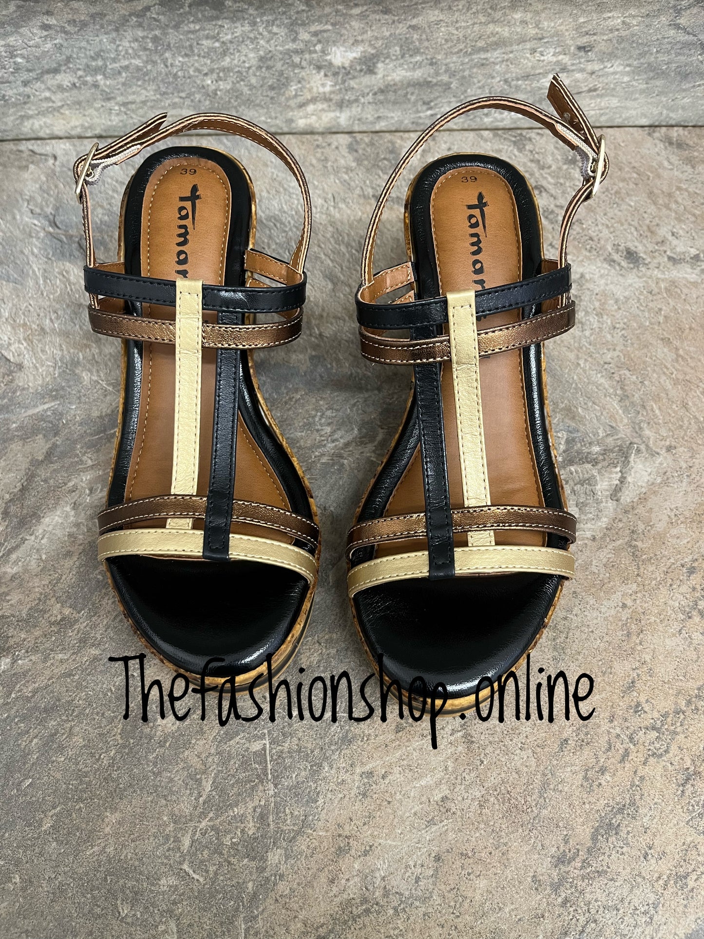 Tamaris black and gold leather wedge sandal sizes 3.5-7.5 (36-41)