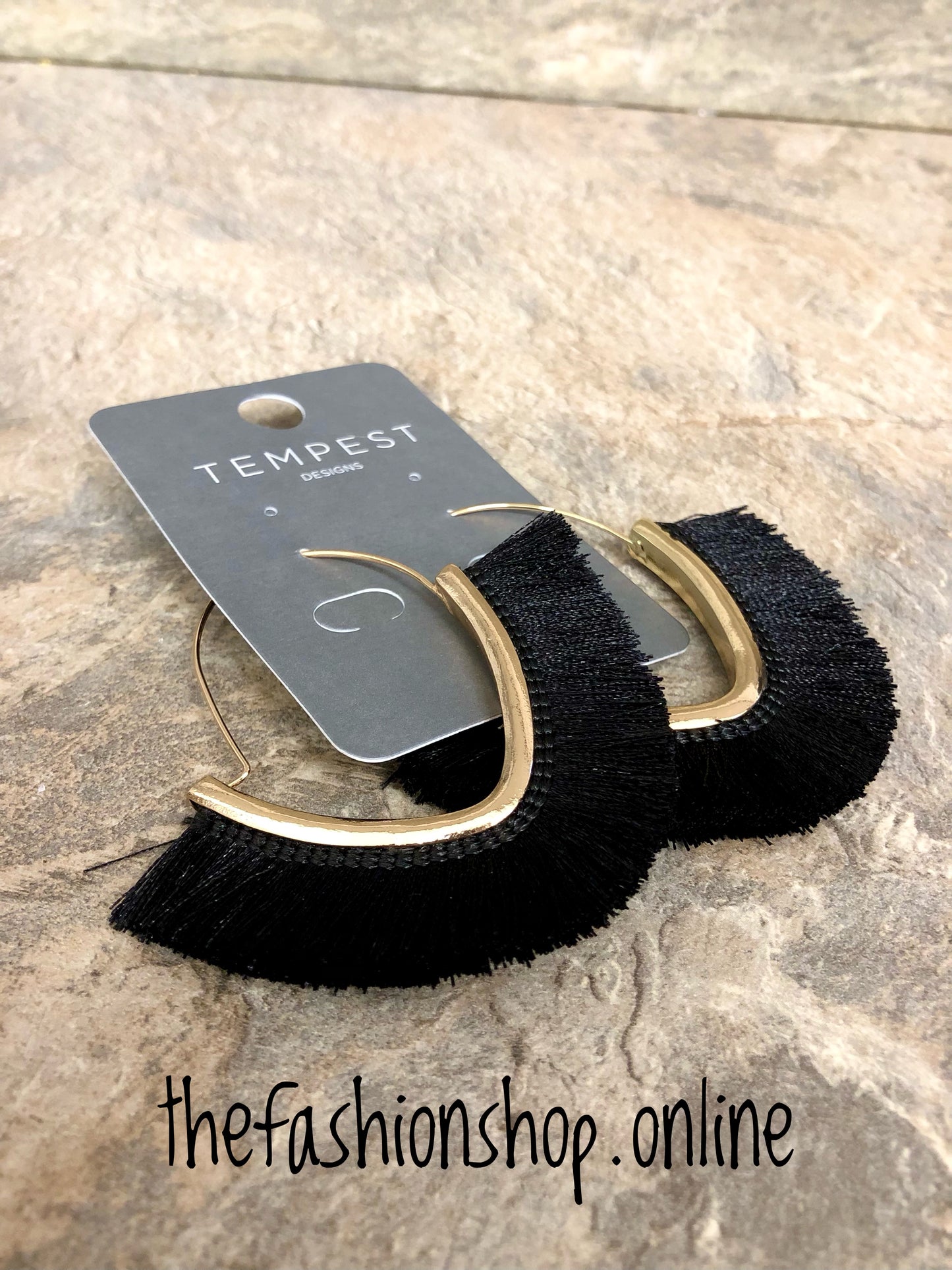 Sarah Tempest large black tassel hoop earrings