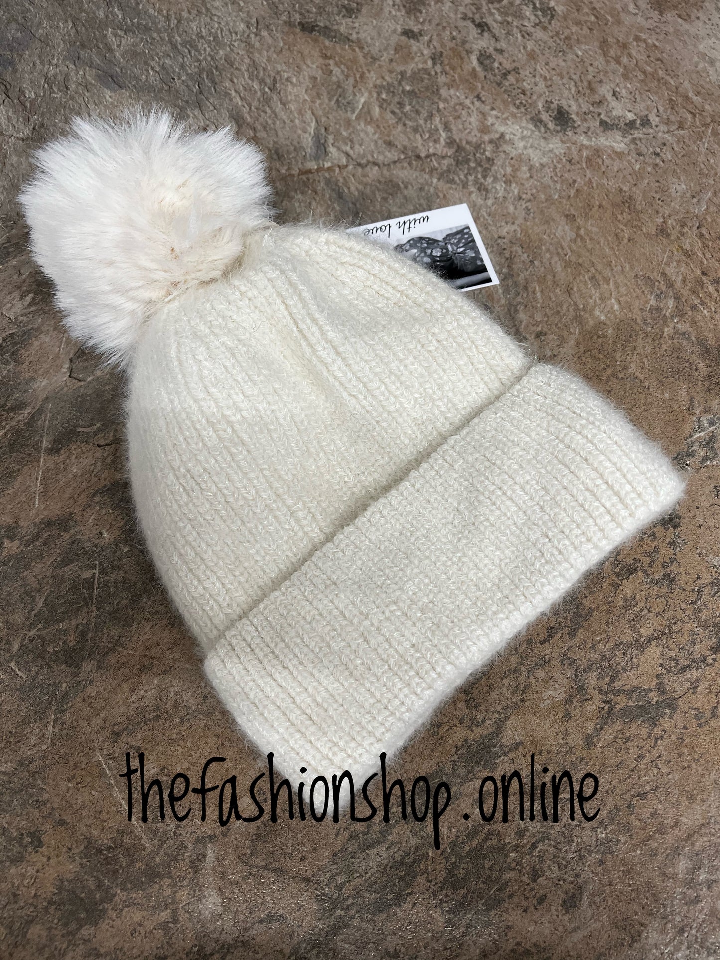Cream sparkle pompom hat