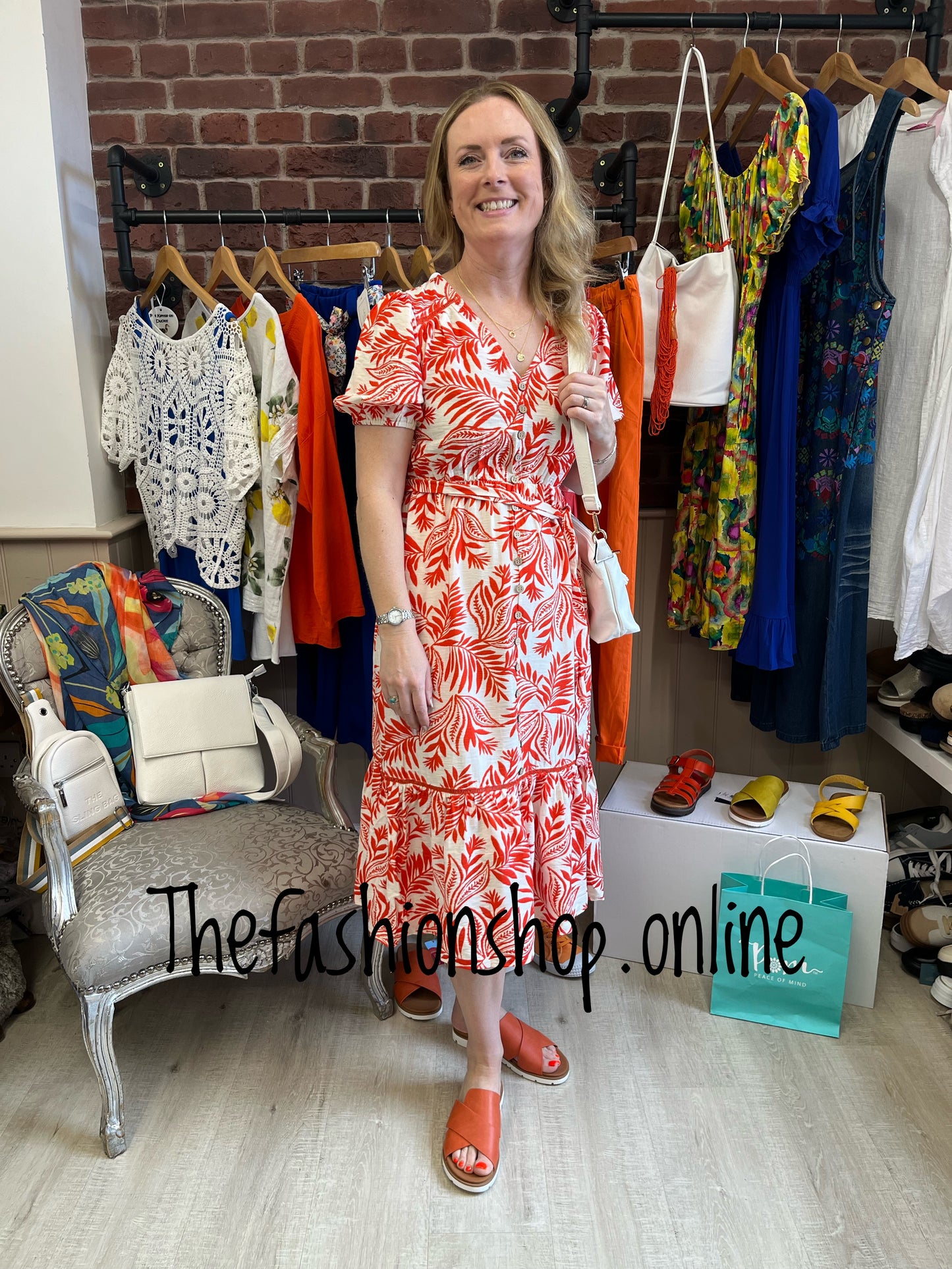 Nicola orange and white palm dress 10, 12, 14 and 16