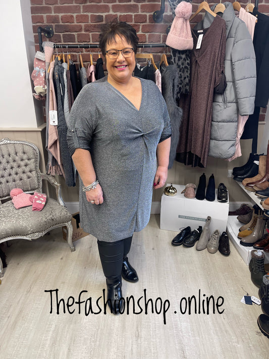 Silver grey sparkle twist front dress 16-22