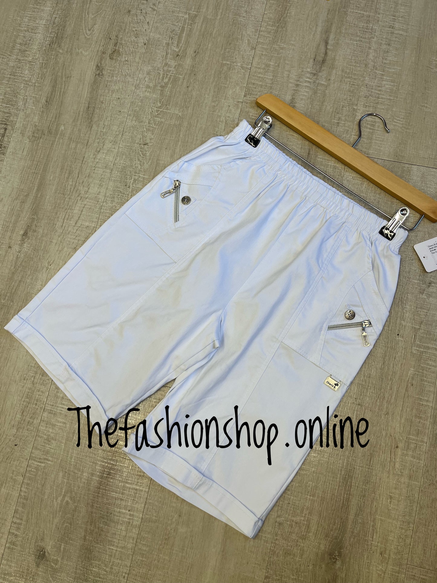Cherry Berry white stretchy button detail shorts sizes 10-22