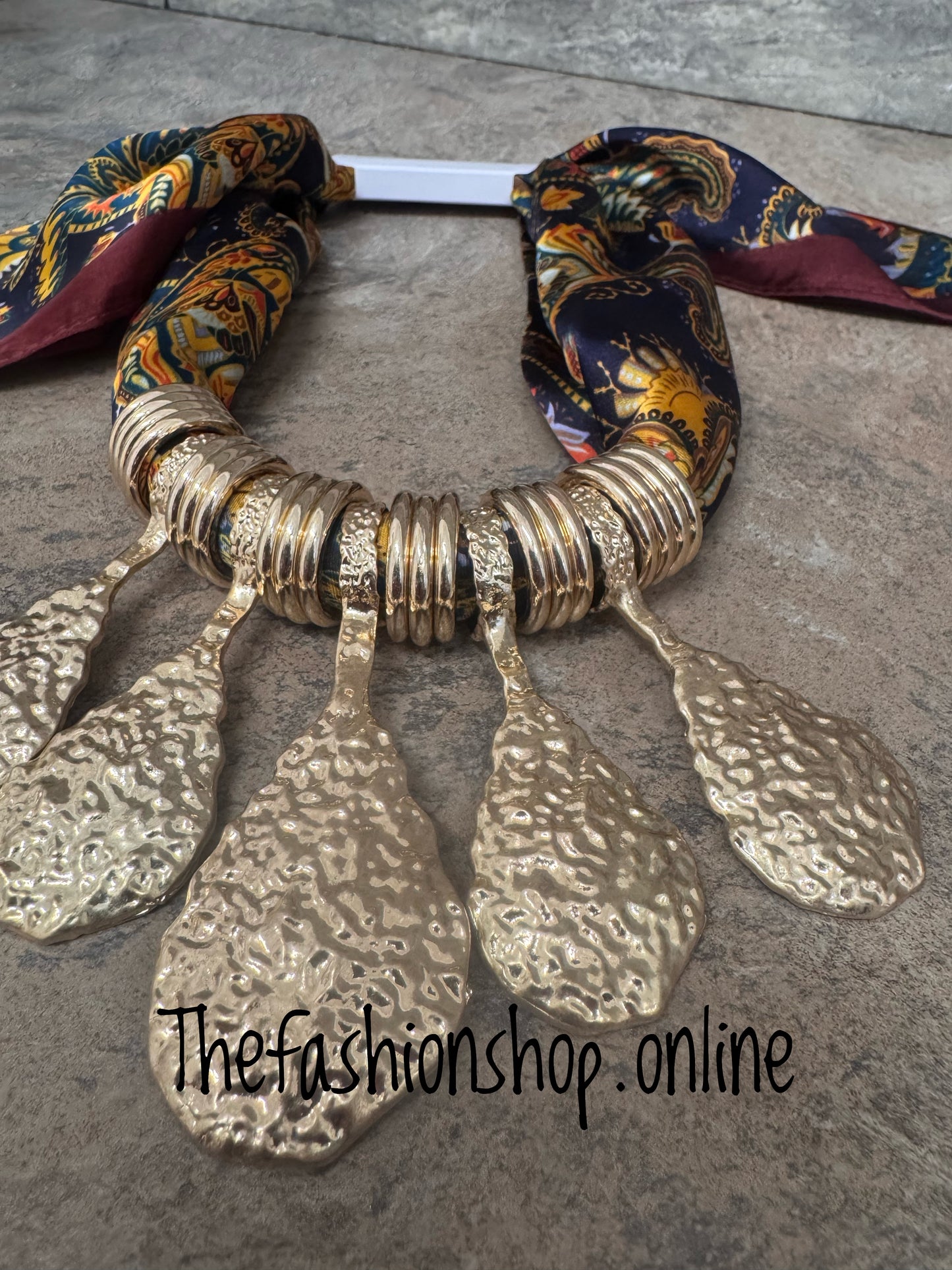 Martha Scarf Necklace with Gold Wine and Navy
