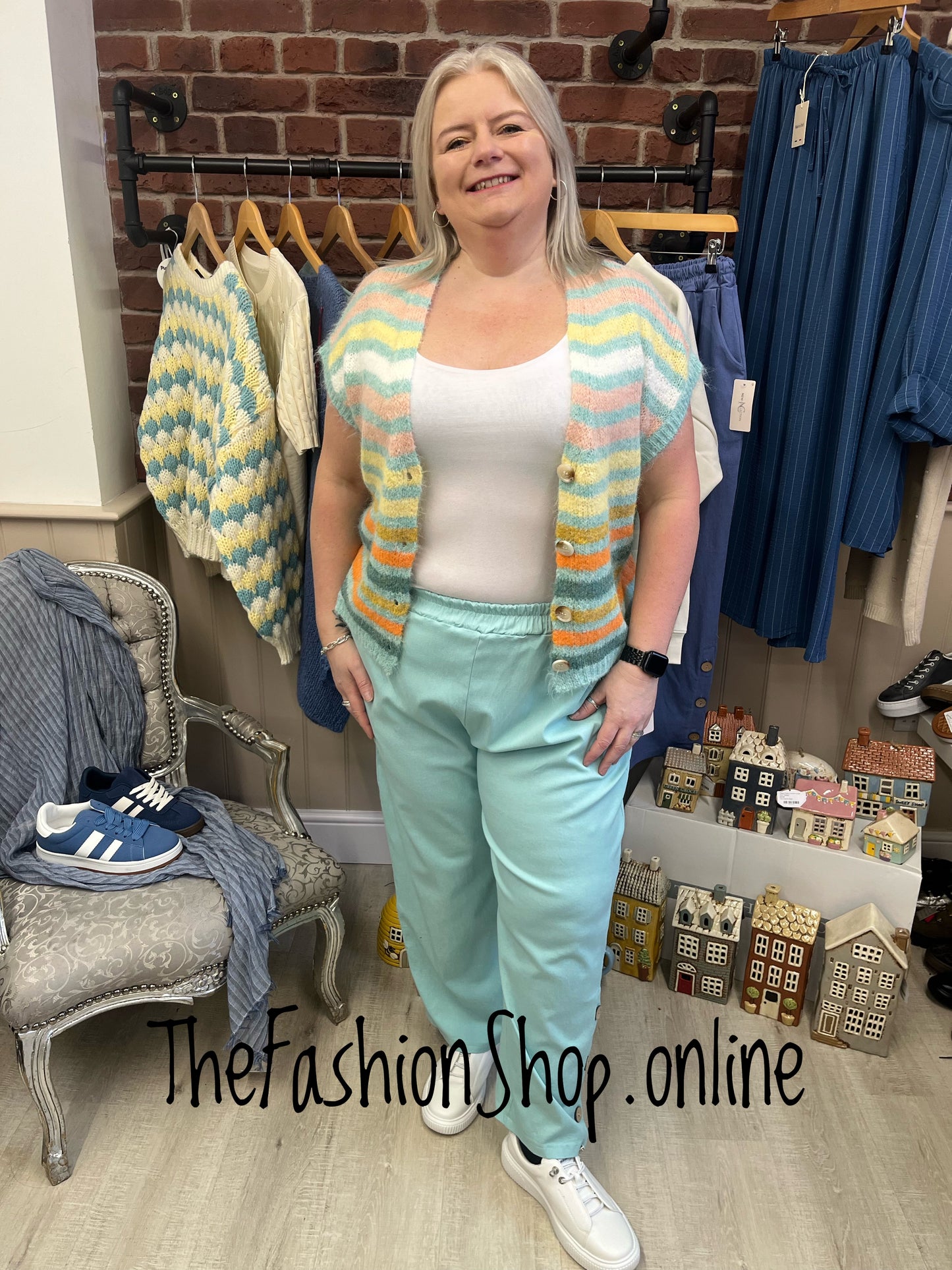 Bonnie aqua striped wool mix knitted waistcoat 8-12 and 14-18