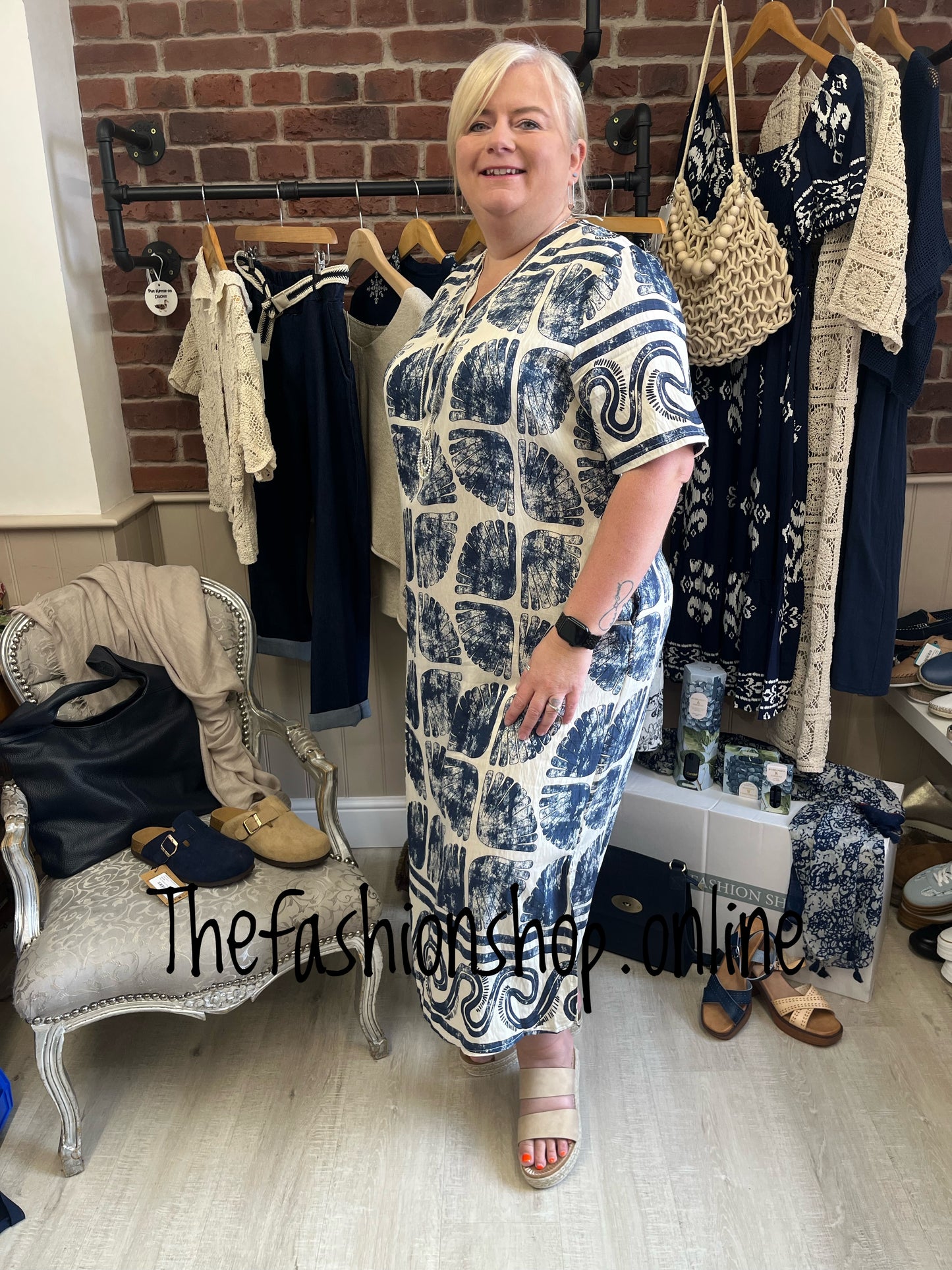 Carla navy and cream print tunic dress 12-18
