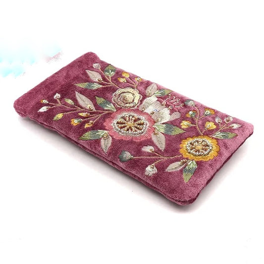 Pom Blush Pink Velvet Glasses case with Vintage Style Floral Embroidery