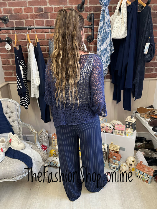 Chloe navy striped wide leg trousers 8-14