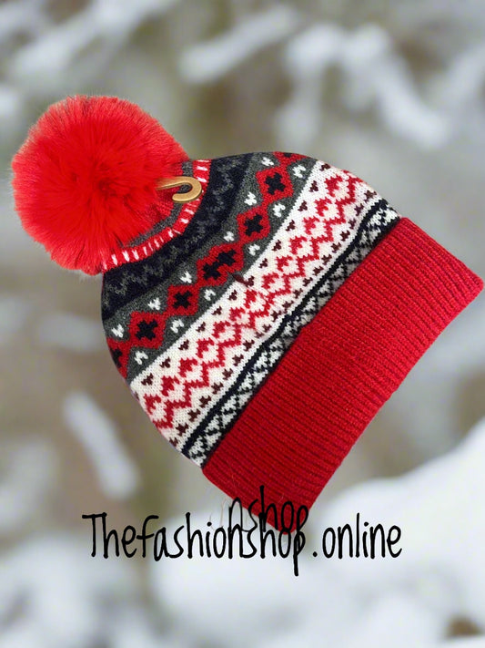 Red Nordic pompom hat