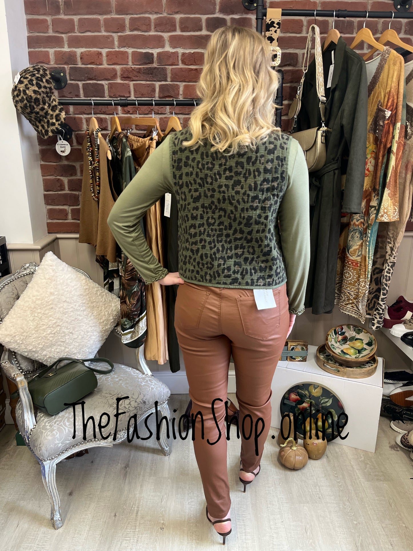 Khaki leopard print tie front waistcoat 8-12