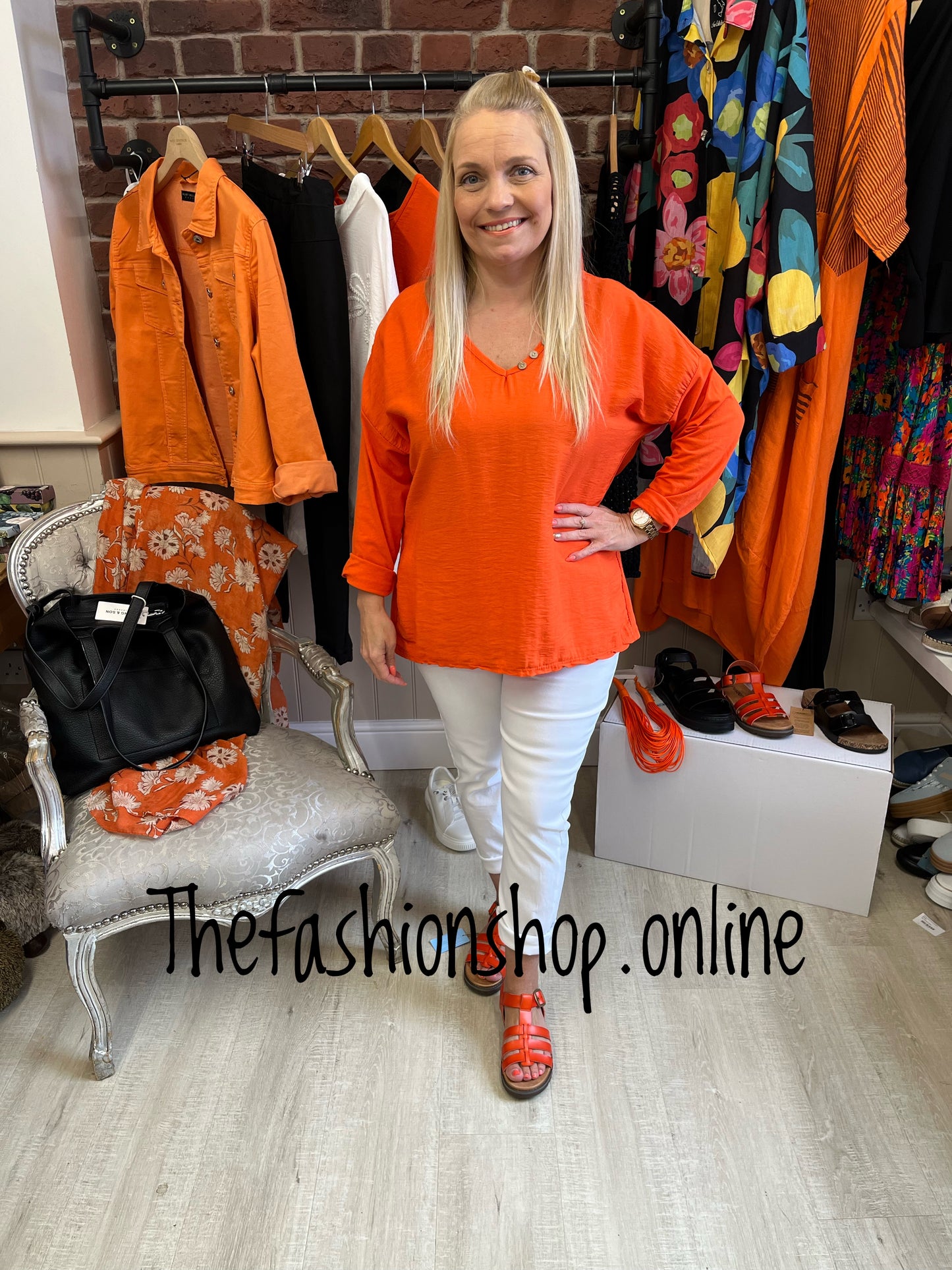 Tasha orange button neck detail top 12-16