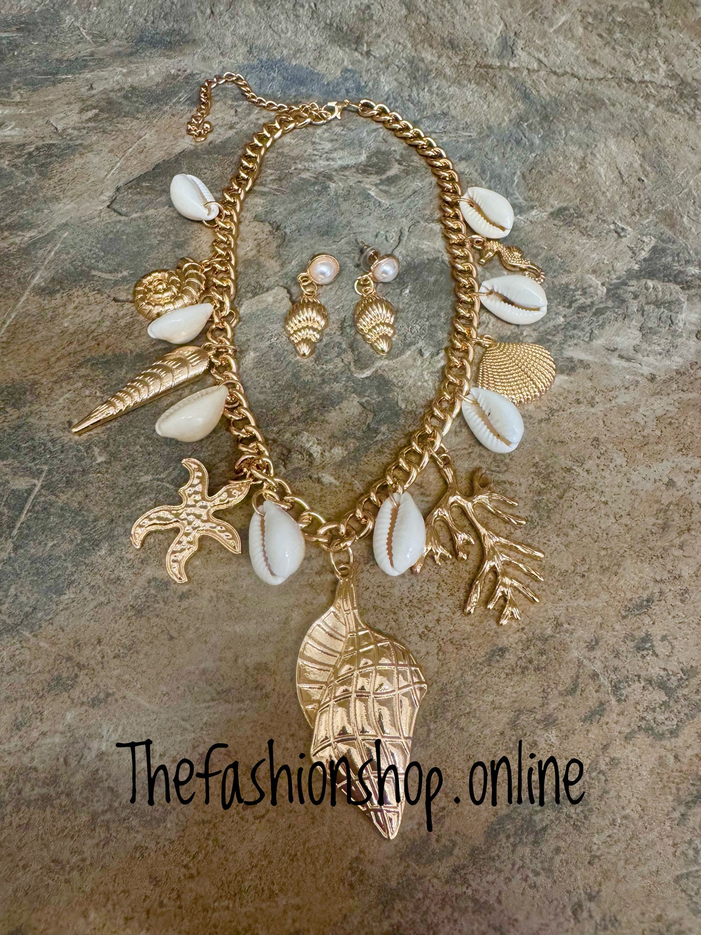Coral Reef and Seashell statement necklace and earrings set
