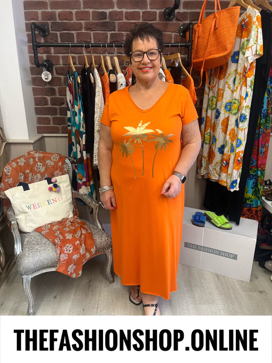 Eden orange palm tree dress 10-18