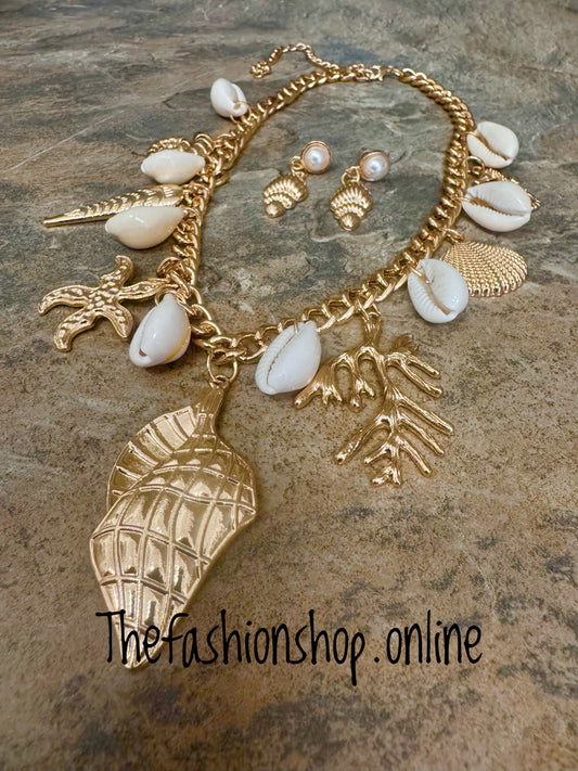 Coral Reef and Seashell statement necklace and earrings set