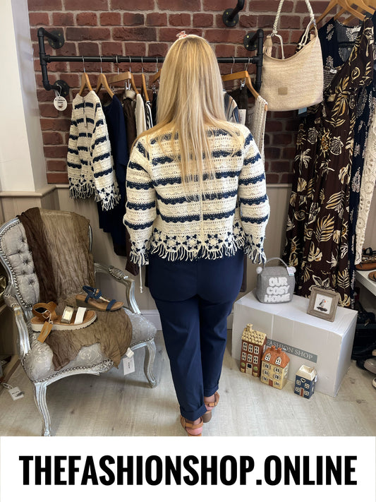 Rose navy and cream knitted cardigan 8-12