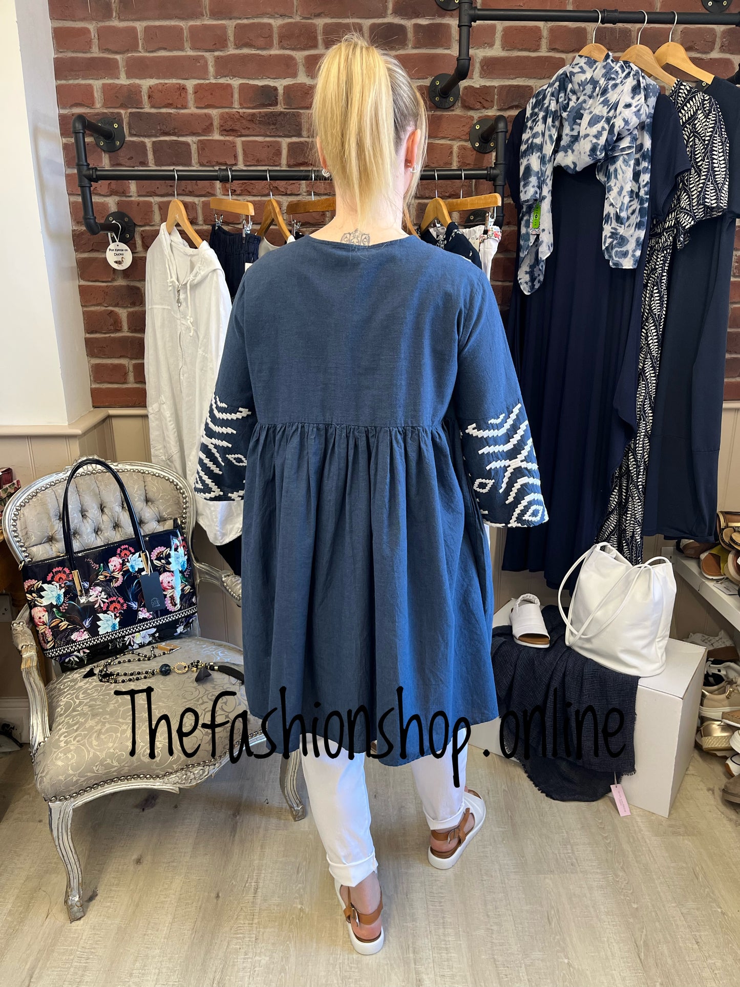 Navy and white embroidered smock sizes 10, 12 and 14