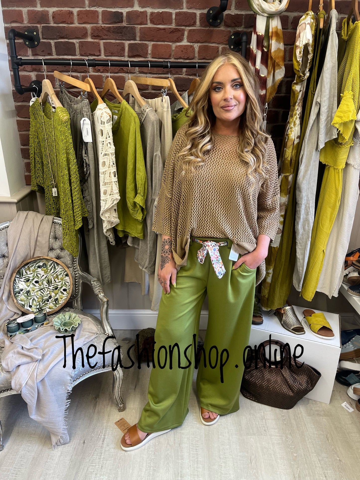 Bridget olive wide leg trousers with floral belt 8-12 and 14-16