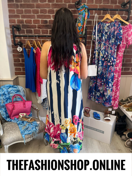 Deena navy striped floral dress 12-20