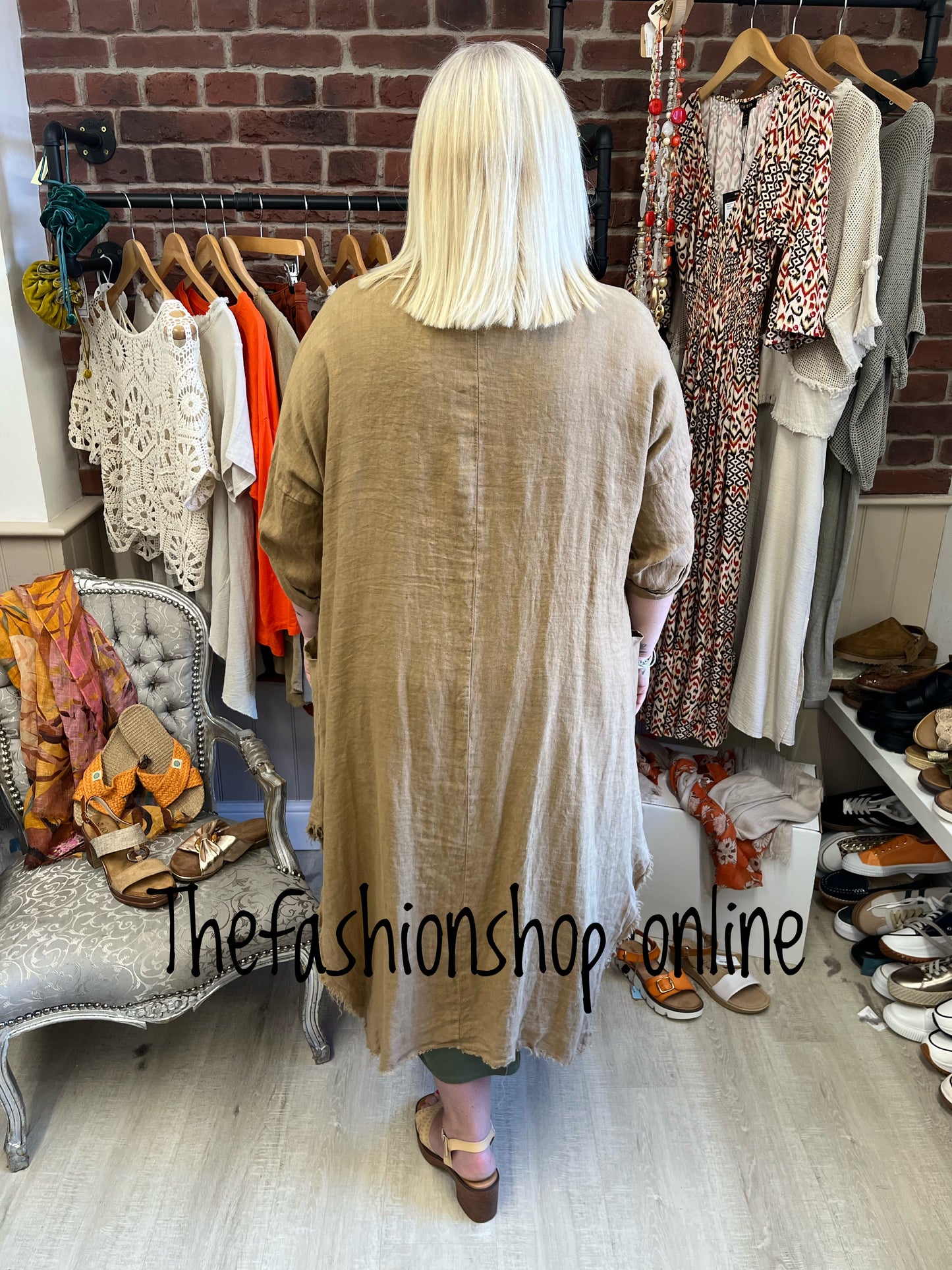Camel linen raw edge waterfall jacket 12-22