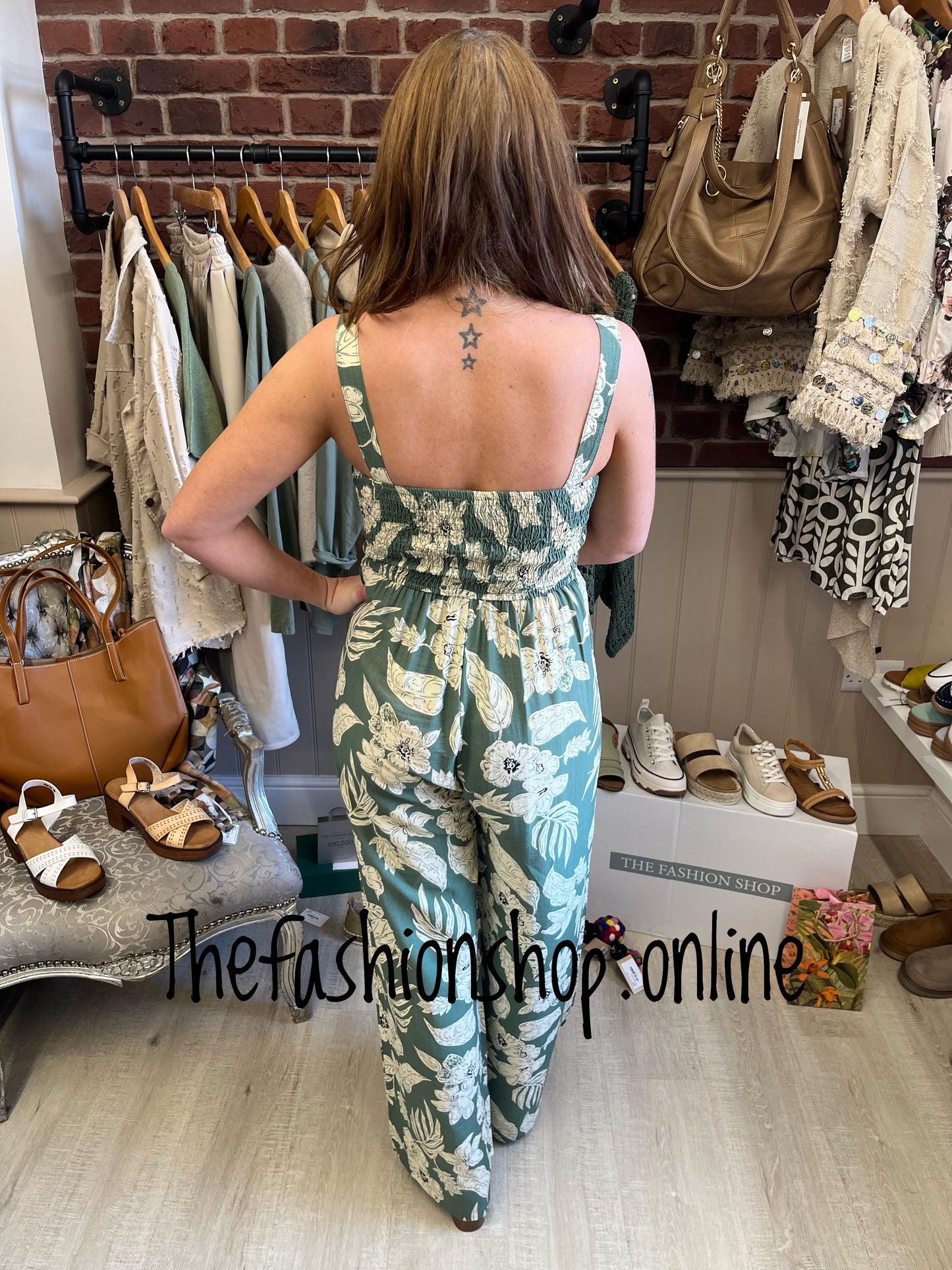 Pamela khaki and cream tie front jumpsuit sizes 8, 10, 12, and 14