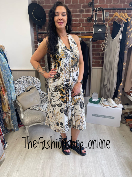 White with camel halter neck dress 8-14