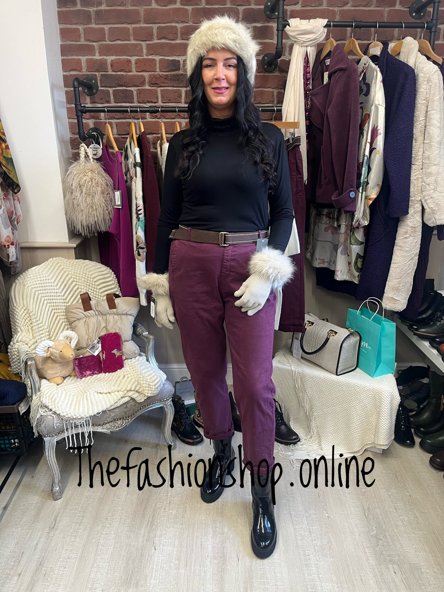 Heidi wine faux moleskin trousers sizes 10,12,14,16,18 and 20