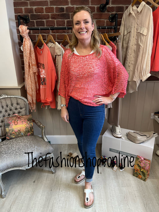 Coral popcorn open knit top 10-20