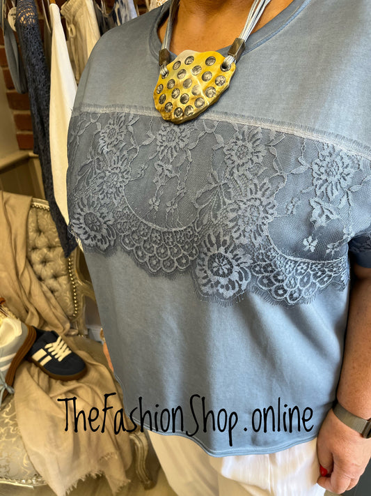 Amber denim blue lace detail top 14-20