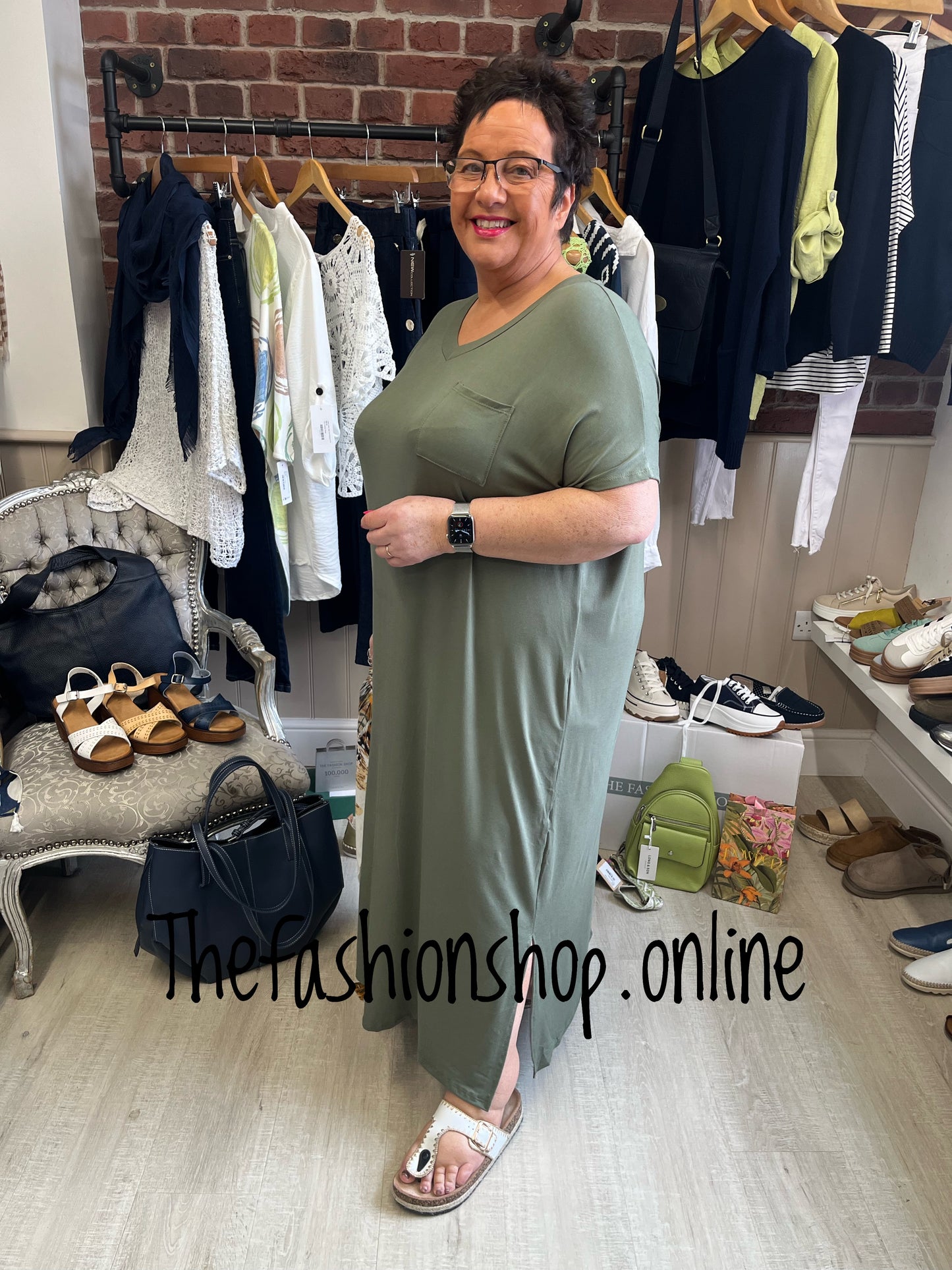 Khaki V neck dress up dress down dress with side split 16-26