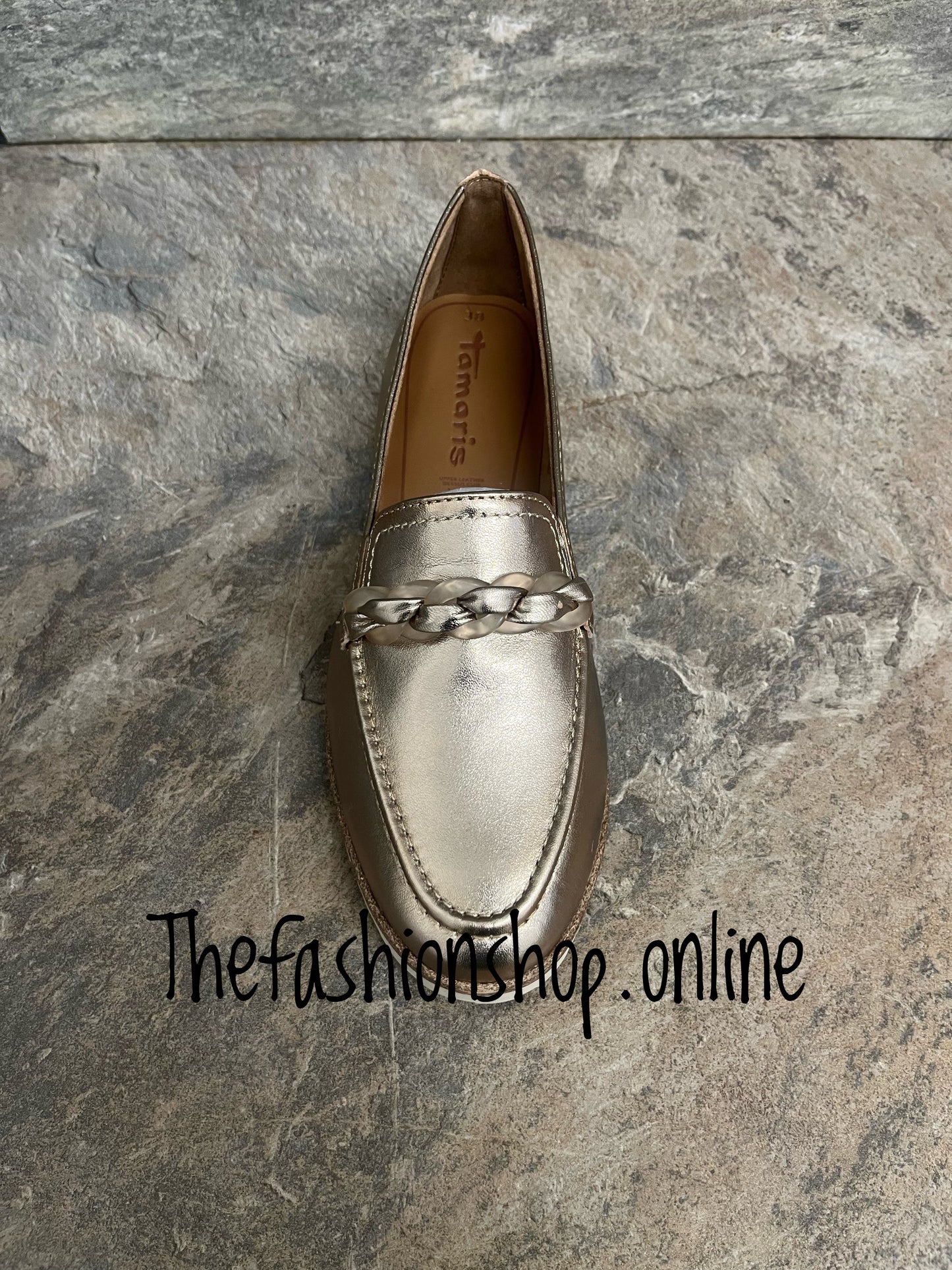 Tamaris gold leather loafer with chain detail sizes 4-9